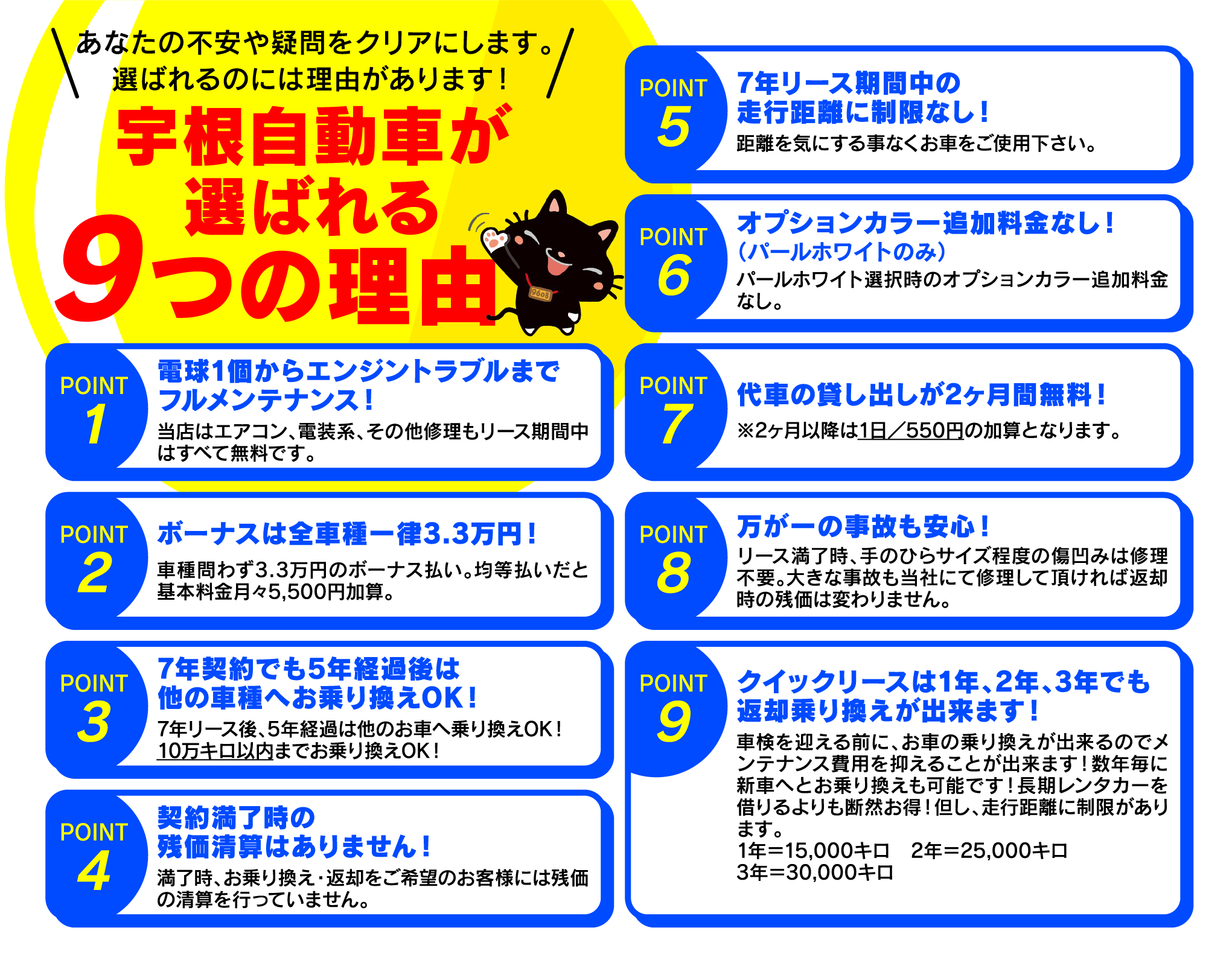 宇根自動車が選ばれる9つの理由