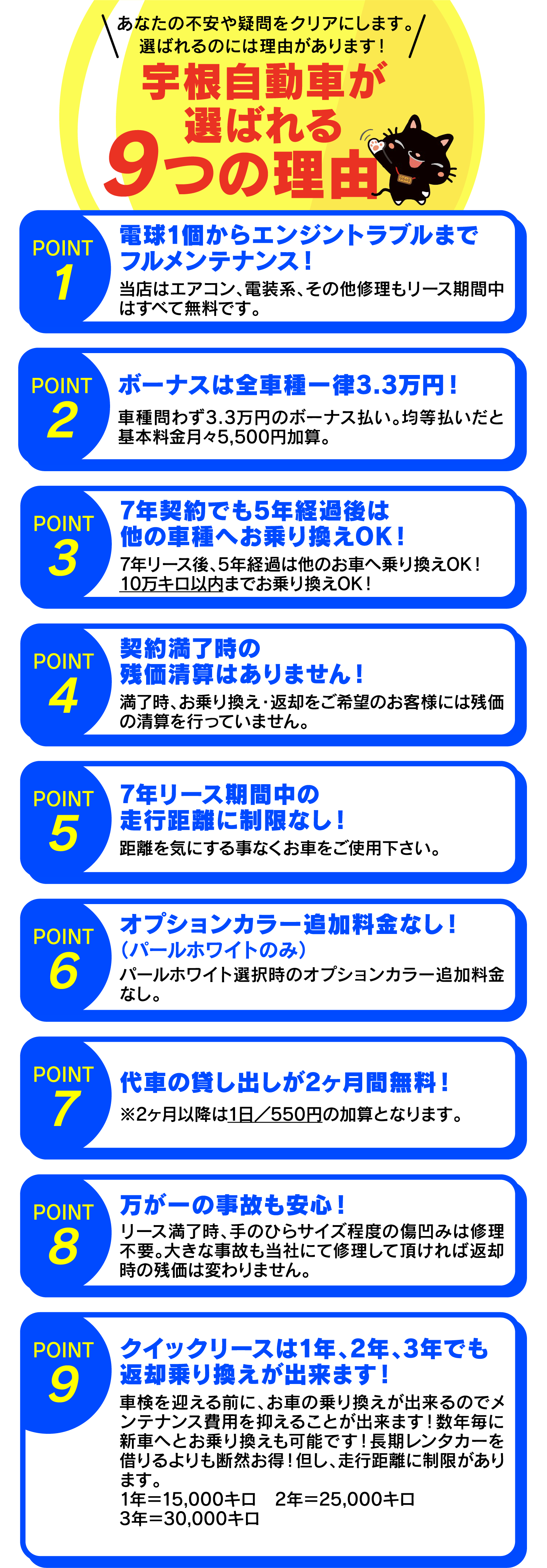 宇根自動車が選ばれる9つの理由